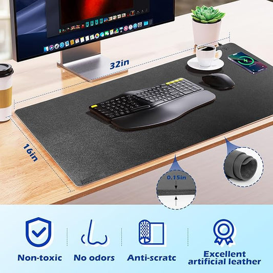 Wireless Charging Desk Mat with Desk Pad for Desktop Charging Large Mouse Pad Waterproof Leather Computer Mat Mouse Pad Non-Slip Protector on Top of Desks for Keyboard and Mouse (black-r, 32*16inch)