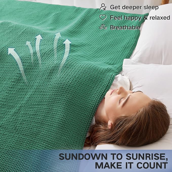 Guohaoi Knitted Weighted Blanket for Adults (Green 50"x75" 15lbs) No Beads Cooling Throw Blanket for Hot Sleepers, Home Decor Breathable Chunky Knit Heavy Blanket Use on Full Size Bed