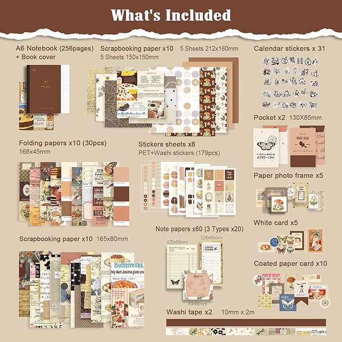 Scrapbooking Supplies Kit, 351pcs Bullet Junk Journal Kit with Journaling Supplies, Vintage Aesthetic Scrapbook Paper A6 Grid Notebook, Scrapbook Kit, Craft DIY Gift for Adult Teen Girl Kid Women
