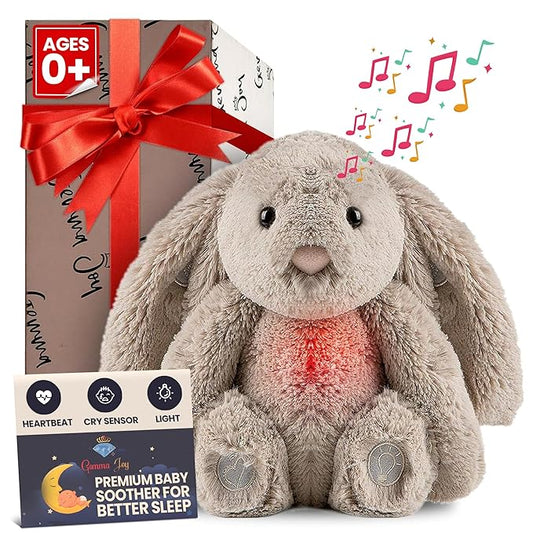 Gemma Joy Baby Sleep Soother Bunny for Baby – Cry Activated Heartbeat Stuffed Animal – Rechargeable Crib Soother with White Noise, Shush, Lullabies & Night Light – Newborn Essentials Must Haves