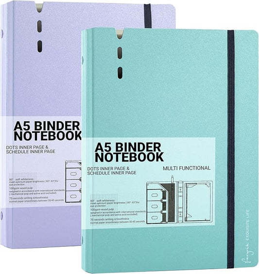 CAGIE A5 Binder 6 Ring Notebook with Dividers Refillable Planner Binder with Pockets, Refill Paper Include Planning Square Ruled and Dotted Pages (Purple and Blue, 2 Pcs A5 Daily&Dot Page)