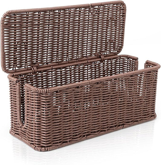 Cable Management Box, Handmade Rattan Cable Organizer, 2 Open Slots Cords Hider Box, Under Desk Cord Organizer for Computer Router USB Hub & Power Strip, Patent Pending, 13" x 5.1" x 5.1", Brown