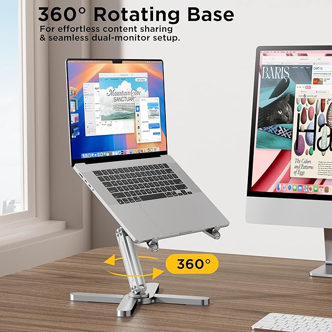 FoldWise X Premium Laptop Stand for Desk - 100% Aluminum, Portable & 360° Rotating - Adjustable Height & Angles Laptop Riser - Sturdy & Foldable MacBook Stand Compatible with All 11-18” Devices