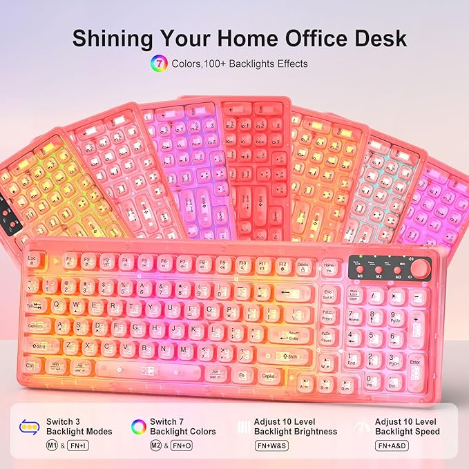 Pink Light Up Keyboard and Mouse Wireless,Cute 2.4Ghz Cordless Rechargeable Transparent Clear Backlit Keyboard,15 Backlight Effects,Volume Knob,RGB Mouse with 3 DPI for Mac Computer PC Laptop Desktop