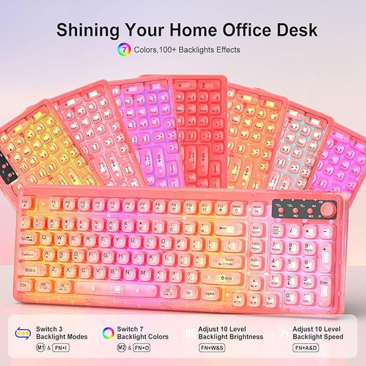 Pink Light Up Keyboard and Mouse Wireless,Cute 2.4Ghz Cordless Rechargeable Transparent Clear Backlit Keyboard,15 Backlight Effects,Volume Knob,RGB Mouse with 3 DPI for Mac Computer PC Laptop Desktop