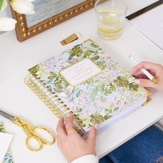 Day Designer 2025-2026 Daily Planner – Premium Planner for Stylish Organization. Combines Monthly Calendar, Hourly Schedule, To-Do List, Gratitude, Goal Setting, Inspirational Quotes, Stickers & More. Elegant laminated Cover with Gold Accents (Palmetto)