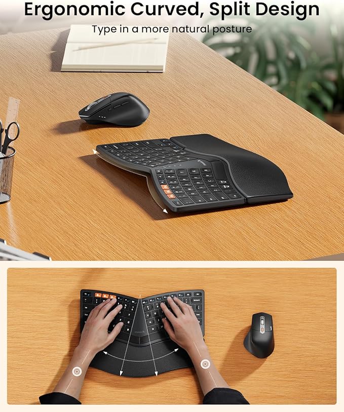 ProtoArc Bluetooth Ergonomic Keyboard Mouse, EKM04 Mini Compact Wireless Ergo Keyboard Mouse Combo, Split Design, Wrist Rest, Multi-Device, Rechargeable, for Windows/Mac - Black