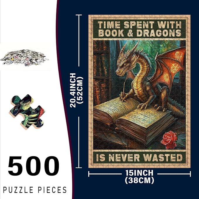 500 Piece Difficult Wooden Jigsaw Puzzle Spent with Books and Dragons is Never Wasted Adults & Kids Educational Family Game Stress Relief Quiet Play Home Decor 20.4x15 Inch