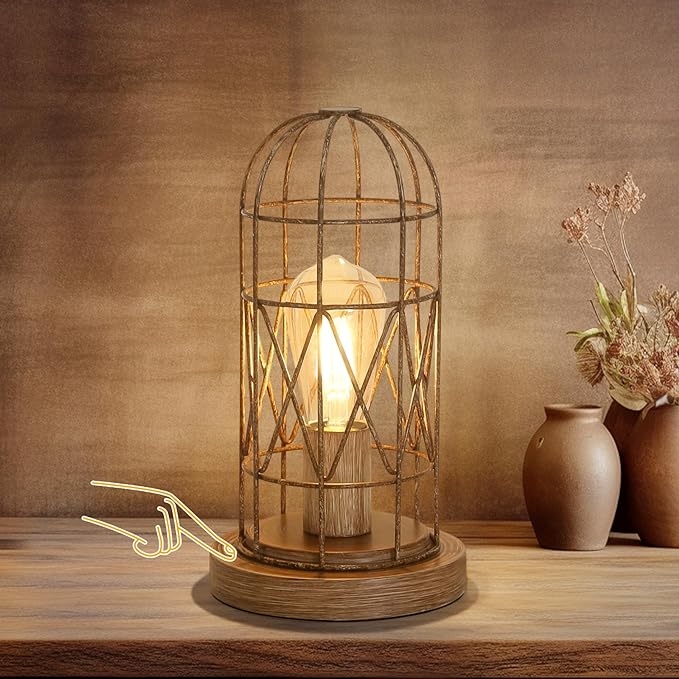 Touch Control Table Lamp for Small Spaces - 3 Way Dimmable Nightstand & Bedside Lamp for Bedroom & Living Room, Rustic Wood Cage Shade, Bulb Included