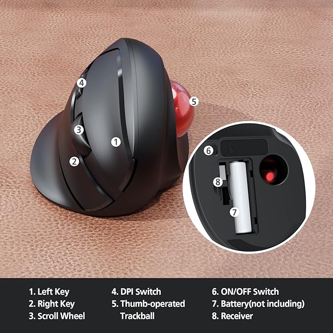 MicroPack Trackball Wireless Mouse, Upgrade Right Hand Ergonomic Mouse with Wireless Vertical Rollerball Computer Mouse, 3 Adjustable DPI, Easy Thumb Control for PC, Laptop, Mac, Windows - Black