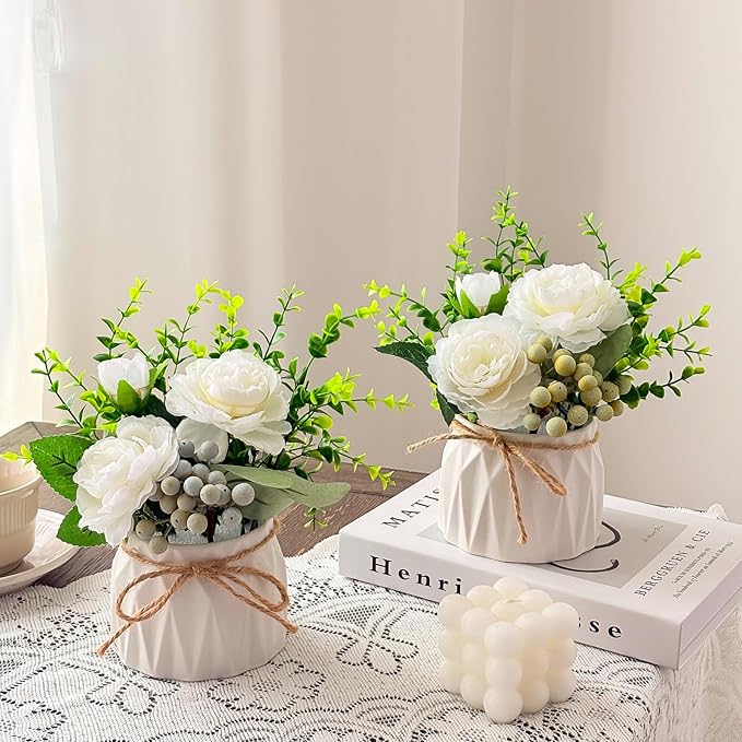 Faux Flowers with Vase, 2pcs Small White Artificial Flowers Arrangement, Potted Plants,Decoration for Bathroom Home Party Office Desk Wedding,Coffee Table Decor (White)