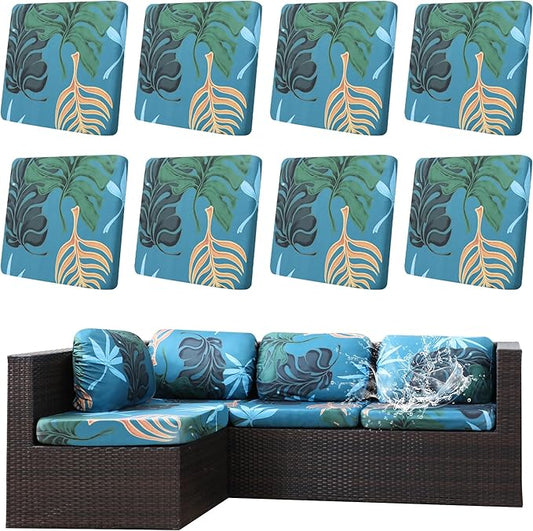 8Pcs Outdoor Cushions Covers Waterproof, Patio Cushion Covers, Stretch Cushion Covers Replacement,Cushion Slipcovers, Furniture Cushion Covers (Cool, 8PCS-Print)