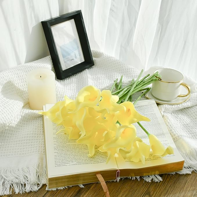 Mandy's PU Light Yellow Calla Lily Artificial Flowers 20 Stems 13.5in Faux Realistic Centerpiece DIY Bridal Bouquet Home Décor
