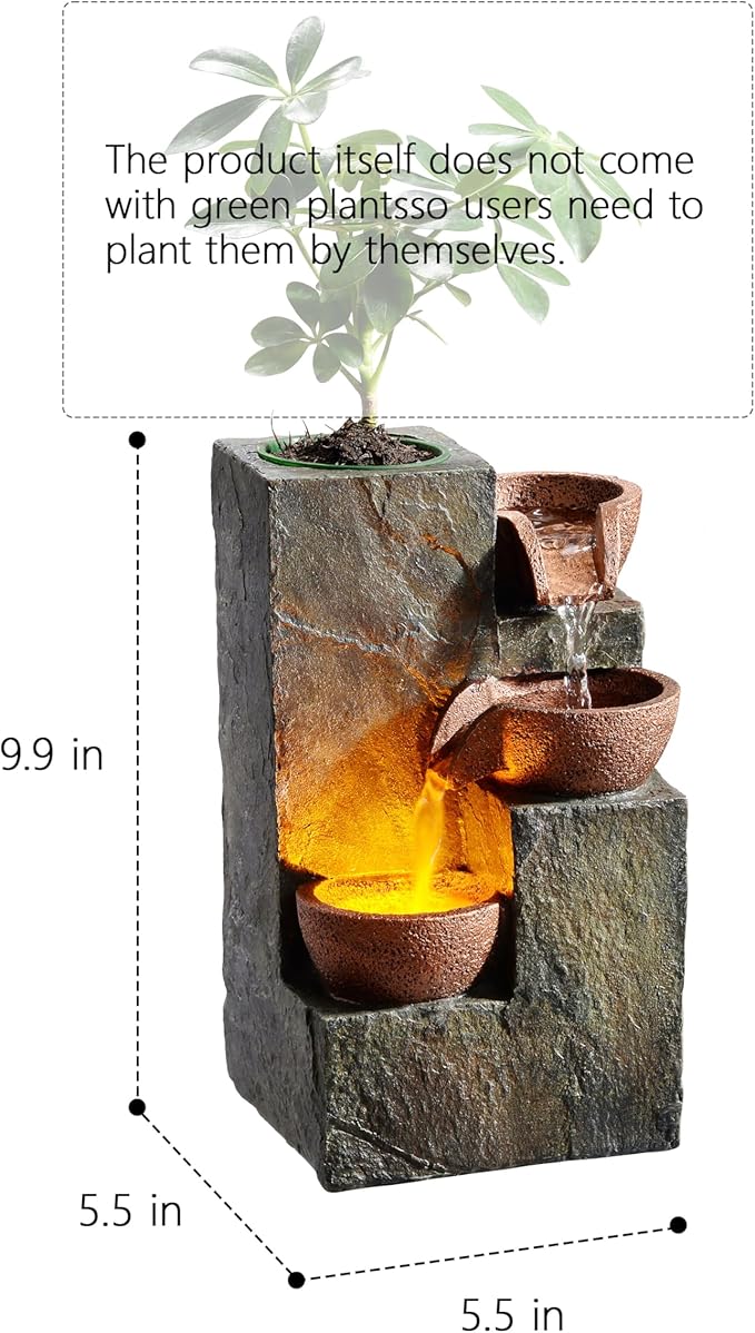 Tabletop Indoor Water Fountain – 3-Tier Rock Waterfall Fountain with Warm LED Light and DIY Planting Pot – Relaxing Small Water Feature for Desk or Home Decor (23061)