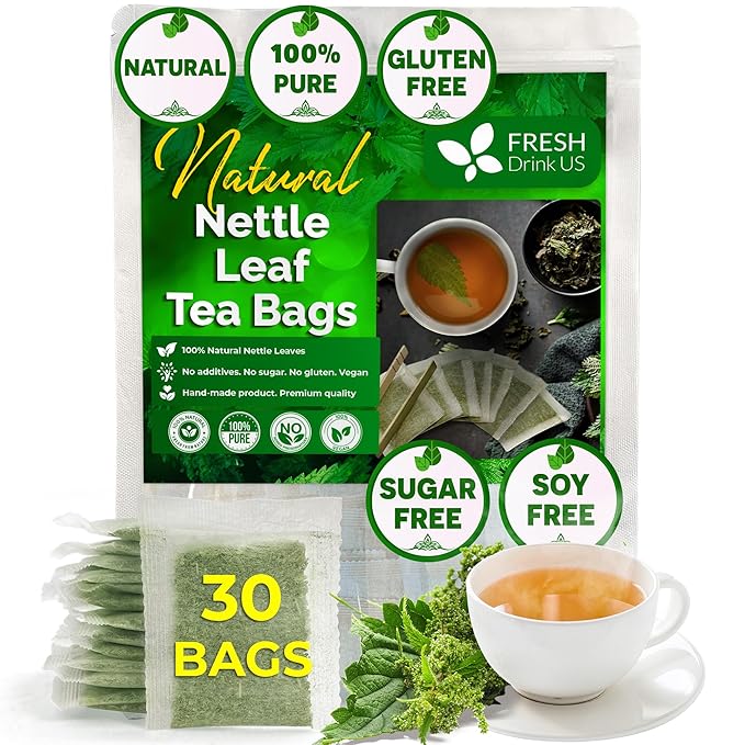 FreshDrinkUS, 30 Nettle Leaf Tea Bags, 100% Natural & Pure from Nettle Leaves. Loose Leaf Nettle Herbal Tea. Nettle Leaf Tea. No Sugar, No Caffeine, No Gluten, Vegan.