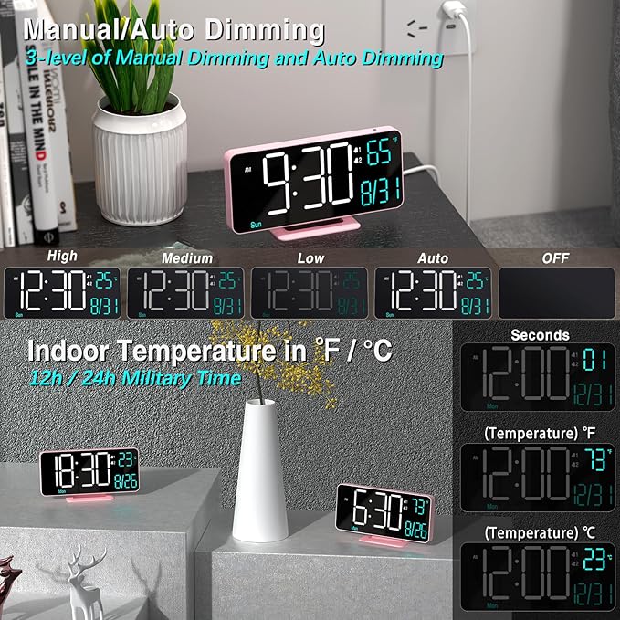 KOSUMOSU Clock for Bedroom, 6.7in Digital Alarm Clock, Auto Dimming, Room Temperature, Day of The Week, Seconds, Date, Alarm Clocks for Bedrooms, Digital Clocks for Living Room