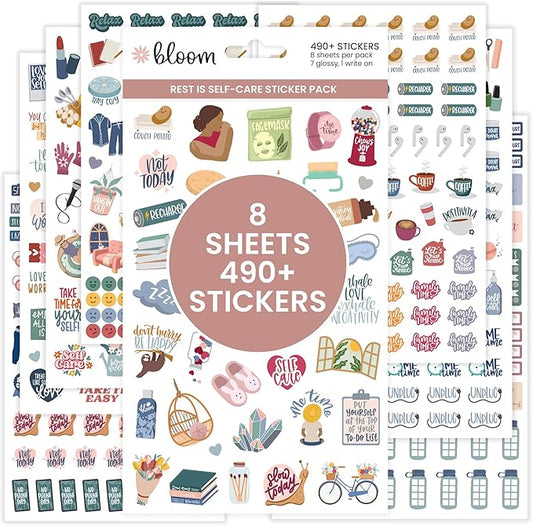 Bloom Daily Planners Rest is Self-Care Planner Sticker Pack - 8 Sheets / 490+ Stickers - Relaxation Themed Illustrations for Mental Health & Wellness - Journaling, Scrapbooking, Planning