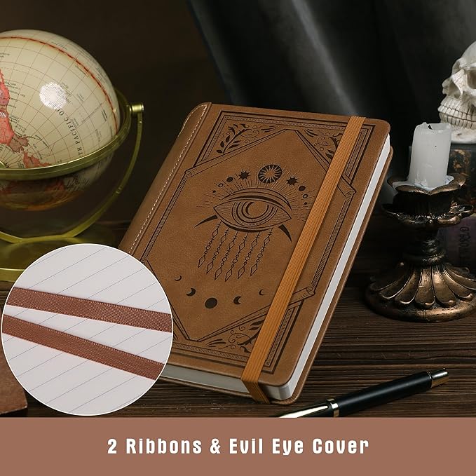TIEFOSSI Lined Journal Notebook for Women Men, Leather Journal with Pen, A5 Evil Eye Hardcover Notebook for Work, Journaling, Travel & School, 100 GSM Thick Paper, 320 Numbered Pages, 6.2 x 8.3 in