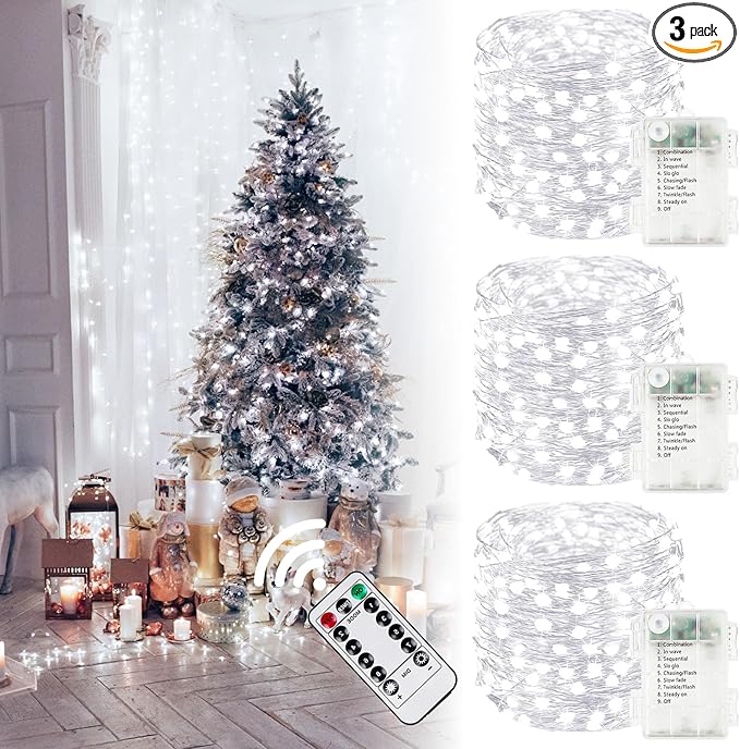 3Pack 99Ft 300LED Fairy Lights Battery Operated with Remote, Waterproof String Lights with Timer for Indoor & Outdoor, Twinkle Lights Battery Powered for Bedroom Wedding Christmas Decor (Cool White)