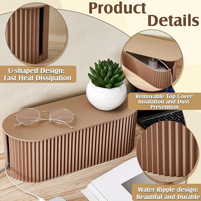 Marsui 2 Pcs Cable Management Box Cord Hider Organizer with 46 Pcs Cable Management Kit Wire Box for Power Strips Surge Protectors Desk TV Computer Wires Home Office(Light Coffee)