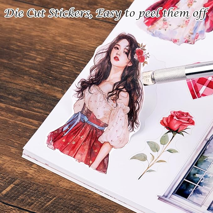 AVECMOI Love Scrapbooking Stickers for Journaling Supplies, Happy Planner Sticker Book with 234 Images, Paper & PET Sticker for Card Making, Collage, Paper Crafts, A5 (Rose)
