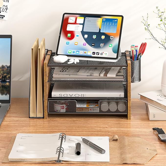 Wooden Desk Organizers and Accessories with File Holder, 4-Tier Paper File Organizer with Drawer & 2 Pen Holders, Office Desk Accessories, Desktop Organizer and Storage for Home Office