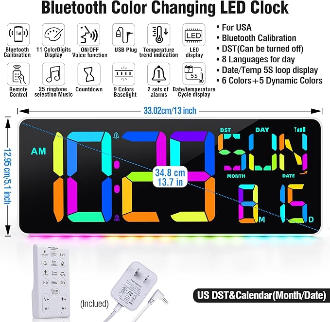 TXL 13.7" Bluetooth Large LED Digital Wall Clock with Night Light, 11 RGB Color Changing, Count Up/Down Timer Clock with Remote Control, Adjustable Brightness Wall Clock for Home, Office, Auto DST.