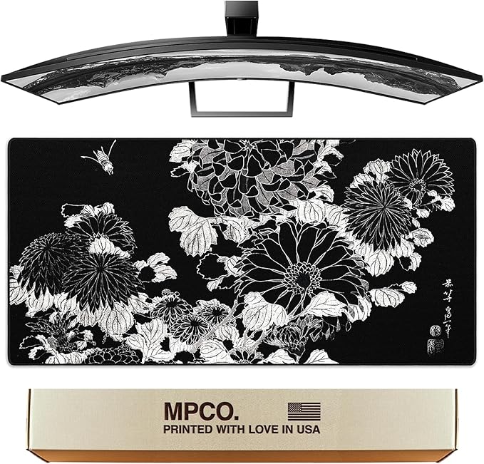 MPCO. Ukiyo-E Large Gaming Desk Pad - 36" x 17" Duraglyde Fabric Chrysanthemums Desk Mats - Washable, Smooth Glide for Precision Gaming & Work