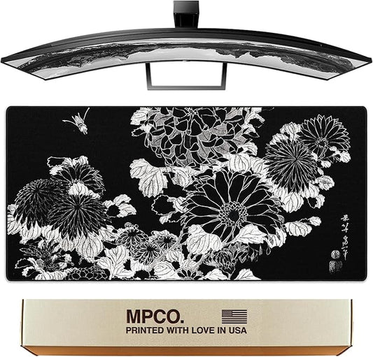 MPCO. Ukiyo-E Large Gaming Desk Pad - 36" x 17" Duraglyde Fabric Chrysanthemums Desk Mats - Washable, Smooth Glide for Precision Gaming & Work