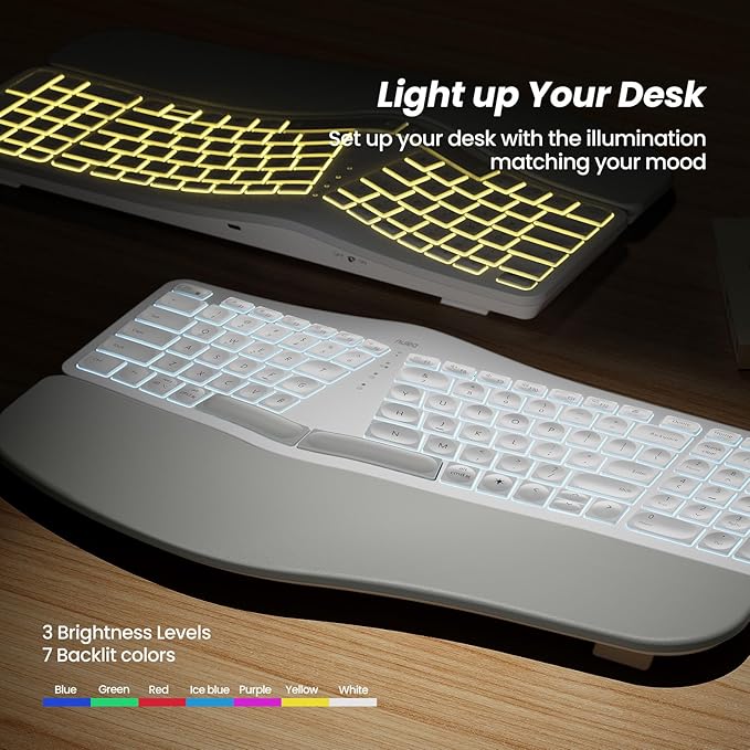 Nulea RT05 Wireless Ergonomic Keyboard, Split Keyboard with Wrist Rest, USB-C Charging, 7-Color Backlight, Natural Typing, Bluetooth and USB Connectivity, Compatible with Windows,Mac