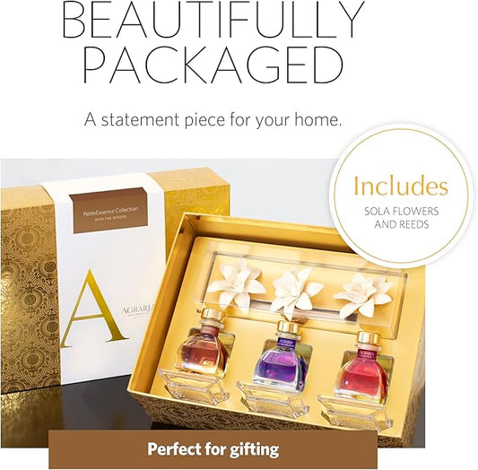 AGRARIA Into The Woods PetiteEssence Collection, Handmade Sola Flower Reed Diffuser Set of 3, Luxury Home Fragrance Scented Oil Diffuser Gift Set