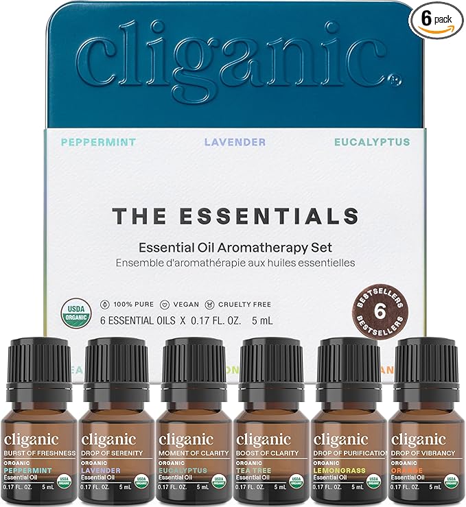 Cliganic Organic Aromatherapy Essential Oils Set (Top 6 - The Essentials), 100% Pure Natural - Peppermint, Lavender, Eucalyptus, Tea Tree, Lemongrass & Orange (Packaging May Vary)