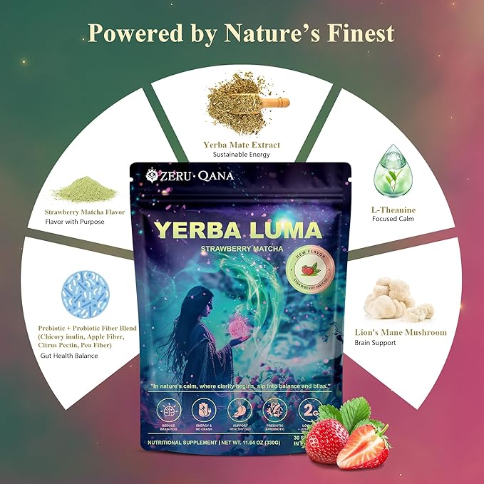 Yerba Mate Instant Tea Powder, 3-in-1 Super Bloom Energy Drink, Low Sugar, Supports Mental Clarity, Containing Prebiotics and Probiotics | Strawberry Matcha Flavor 30 Servings