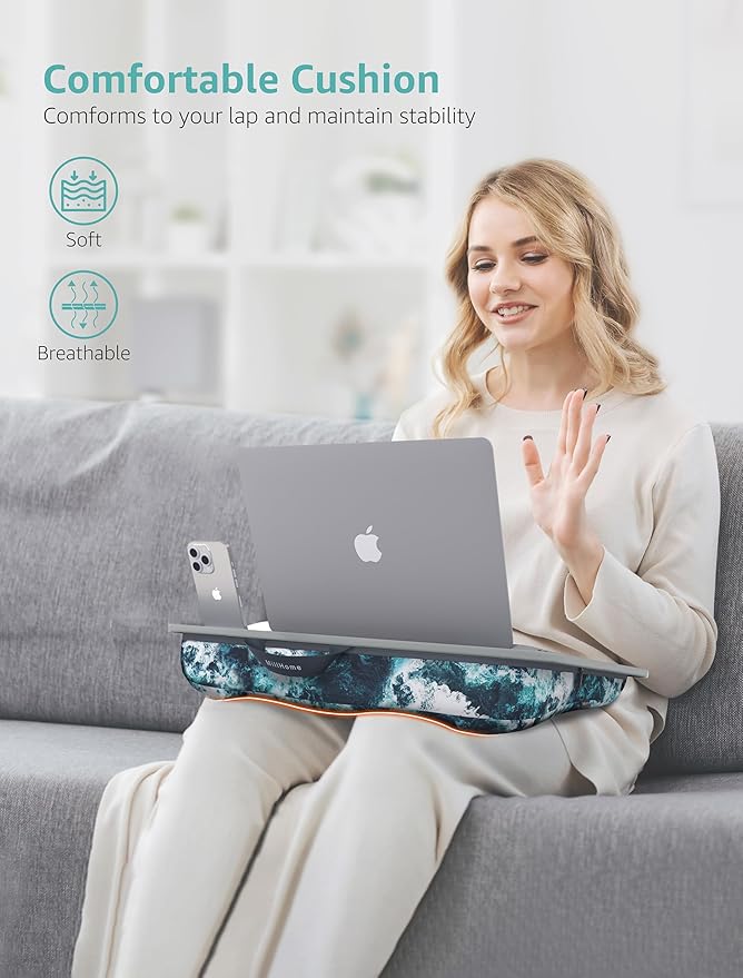 Lap Desk, Lap Desk with Cushion, Fits up to 15.6-inch Laptop, Pillow Designed, Portable Laptop Stand with Tray, Pad & Phone Holder, Home Office for Bed/Couch/Car/Reading/Writing, MillHome (S, Waves)