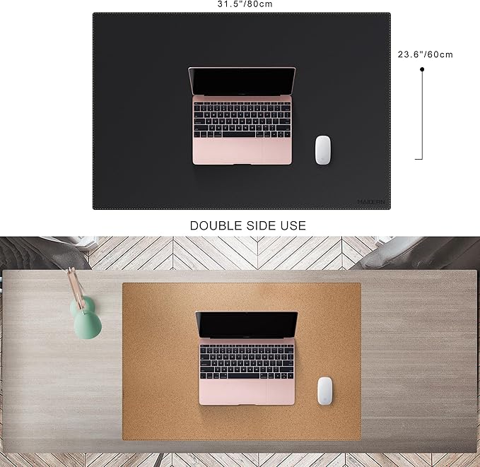 MAIDERN Leather Desk Mat, 31.5” x 24” Reversible Large Desk Pad Mat, Cork & Leather Large Mouse pad for Desk, Waterproof Computer Desk Mat for Gaming Home Office (Black)