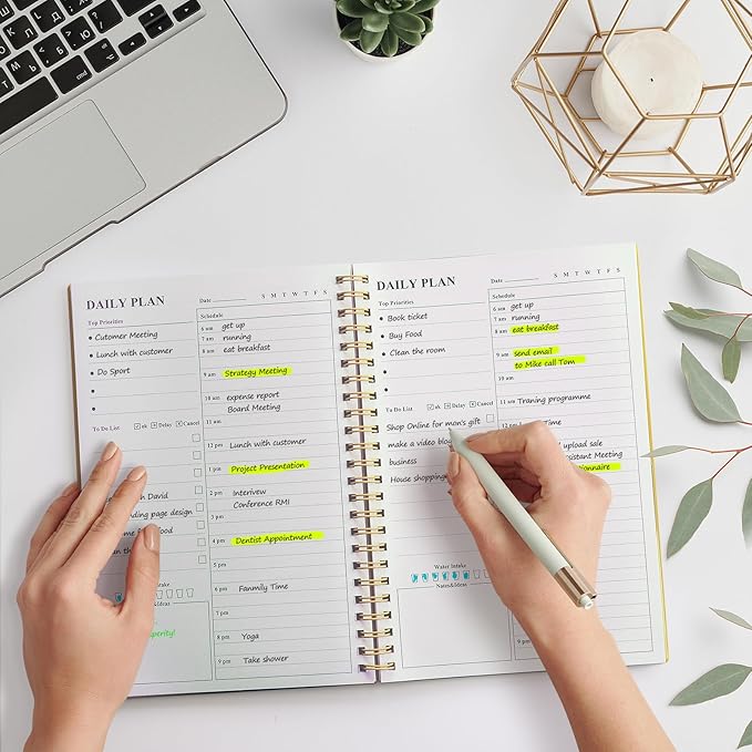 Asten Daily Planner Undated - To Do List Notebook With Hourly Schedules and Spiral Appointment Book for Men and Women, ADHD Work Planner With Inner Pocket 8.3"x 5.8" (Yellow)