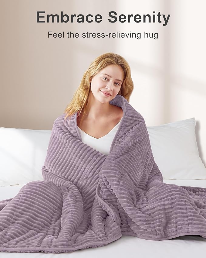 Sherpa Fleece Weighted Blanket with Ribbed Stripes for Adults, 15 lbs Dual Sided Cozy Warm Blanket for Couch Full Size Bed, Ceramic Beads Heavy Thick Blankets Great for Sleep, Light Purple, 60" x 80"