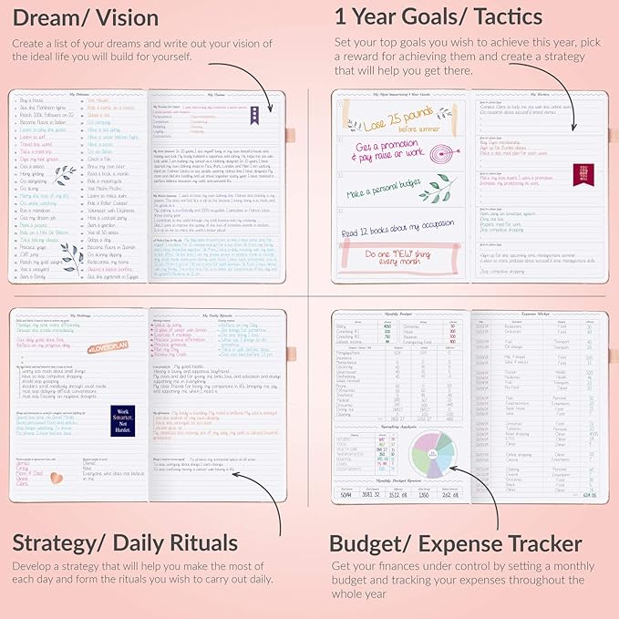 GoGirl Planner PRO - Undated Horizontal Layout Weekly Planner and Organizer + Budgeting and Expense Tracking Pages, Goals Journal & Agenda, 7" x 10" Hardcover, Lasts 1 Year - Rose Gold