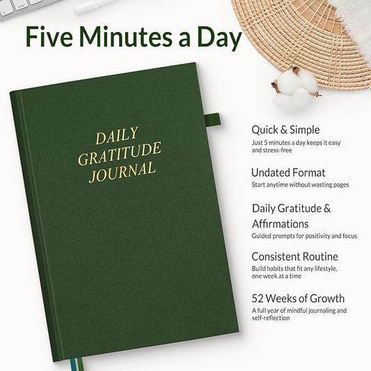 SUNEE Daily Gratitude Journal – Simple 5 Minute Journal for Daily Reflection, Build Positivity and Mindfulness, Undated Minimalist Planner for Women & Men (Deep Green)
