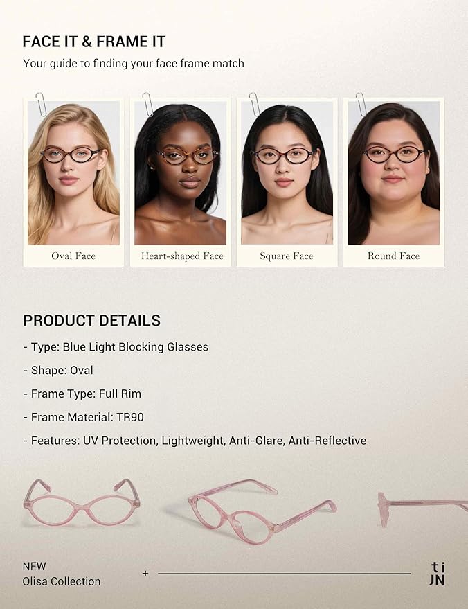 TIJN Olisa Blue Light Blocking Glasses for Women Men,Oval Glasses Frame Bluelight Glasses for Gaming/Computer/Screen