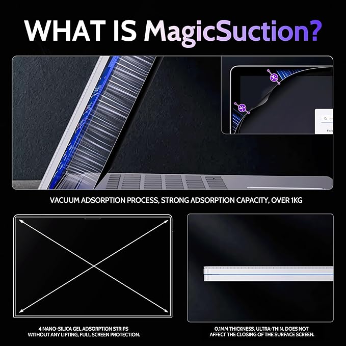 Privacy Screen for 13.5 Inch Surface Book 3/2/1, MagicSuction™ Removable Anti Spy Black Protector, Glare Blue Light Filter for Microsoft Laptop Computer Monitor