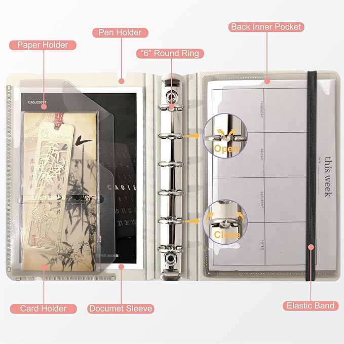 CAGIE A7 Binder 6 Ring Notebook with Dividers Refillable Planner Binder with Pockets, Refill Paper Include Planning Square Ruled and Dotted Pages, 4.13 x 5.71 In, (Light Pink, A7 Hourly&Dot Page)