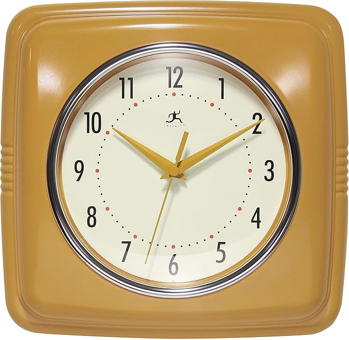 Infinity Instruments Retro – 9-Inch Square Silent Non-Ticking Mid-Century Modern Wall Clock – Vintage Decorative for Kitchen, Office, or Diner – Saffron