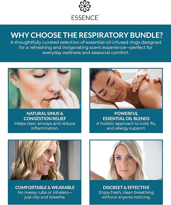 Essence Nasal Diffuser Respiratory Bundle – Essential Oil Silicone Nose Rings for Sinus Relief, Congestion & Seasonal Breathing Support – Wearable Aromatherapy for Cold & Allergy Symptoms