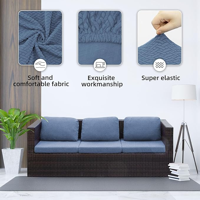 8Pcs Stretch Patio Cushion Cover Outdoor Cushion Cover Replacement Slipcovers Outdoor Cushion Covers Thick Jacquard Textured Twill Fabric Porch Patio Furniture Protector(Blue，Cover，Only)