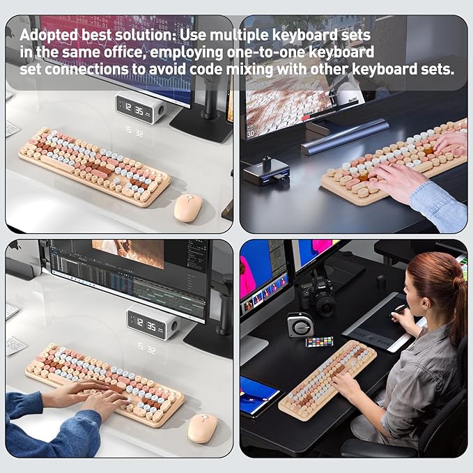 Cute Retro Wireless Keyboard and Mouse Combo with Round Key, 2.4Ghz Dropout-Free Connection, Typewriter Wireless Keyboard and Mouse Set for PC, Laptop, Desktop Computer - Brown Colorful