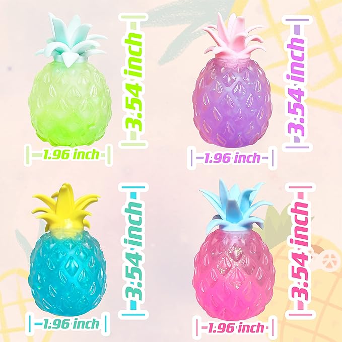 Pineapple Stress Balls for Kids and Adults Squishy Glitter Fruit Fidget Toys, (4pack) Sensory Stress Relief Toy Stretch Squeeze Ball, Stress Anxiety Relief Fidget Squishy Ball for ADHD Autism