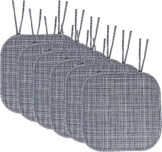 Sweet Home Collection Chair Cushion Memory Foam Pads with Ties Honeycomb Pattern Slip Non Skid Rubber Back Rounded Square 16" x 16" Seat Cover, 6 Pack,Aria Blue/Black