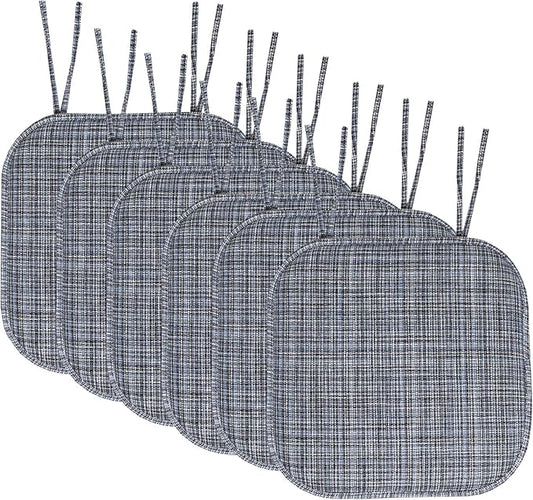 Sweet Home Collection Chair Cushion Memory Foam Pads with Ties Honeycomb Pattern Slip Non Skid Rubber Back Rounded Square 16" x 16" Seat Cover, 6 Pack,Aria Blue/Black