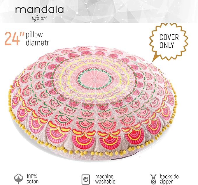 Mandala Life ART Bohemian Floor Cushion Cover –Luxury, Artisan Room Décor Pouf Case for Meditation, Yoga, and Boho Chic Seating Area Floor Pillow – Accent Your Living Room, Bedroom, More